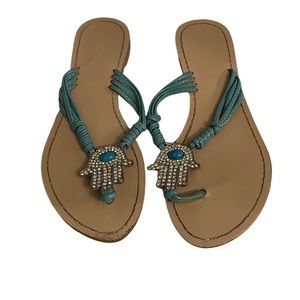 Silver & Turquoise Women’s Hamsa Flip Flops Size 37